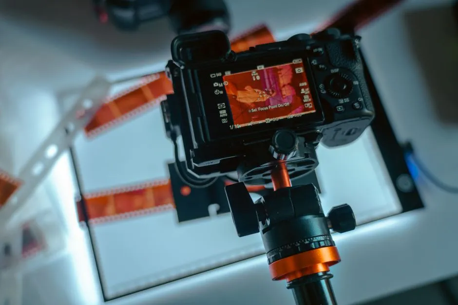 A top view of a camera setup for digitizing film negatives on a light pad.