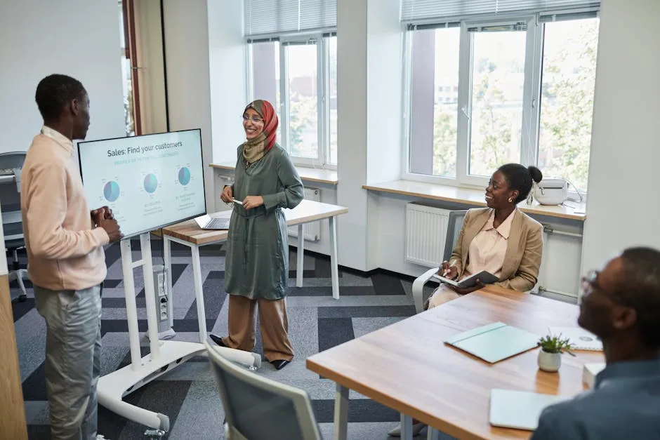 Multicultural team having a business presentation in a modern office setting.
