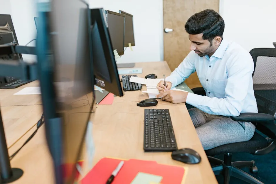 Business professional writing notes at desk with multiple monitors in a modern office setting.